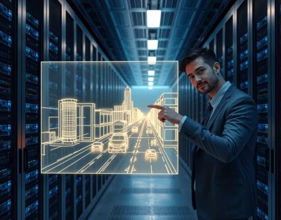 A person in a data center interacts with a holographic world model projection, representing AI training data from video games.