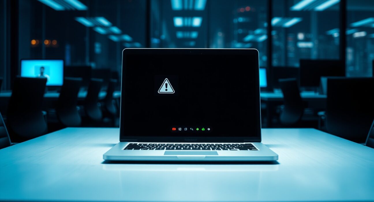 Laptop on office desk showing a video call interface with a security alert, representing a cyberattack on AI startup ORO.