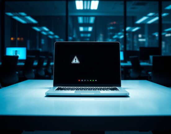 Laptop on office desk showing a video call interface with a security alert, representing a cyberattack on AI startup ORO.