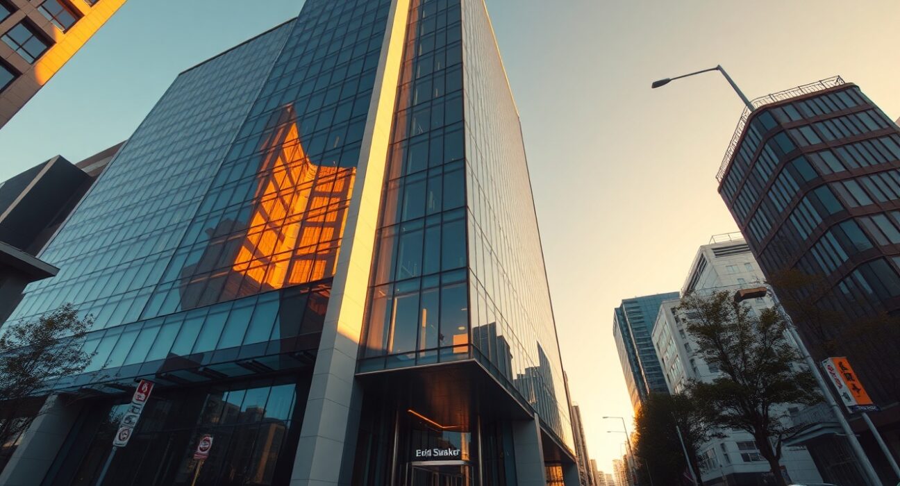 Modern office building in Osaka with digital blockchain overlay