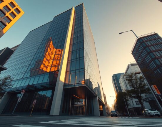 Modern office building in Osaka with digital blockchain overlay