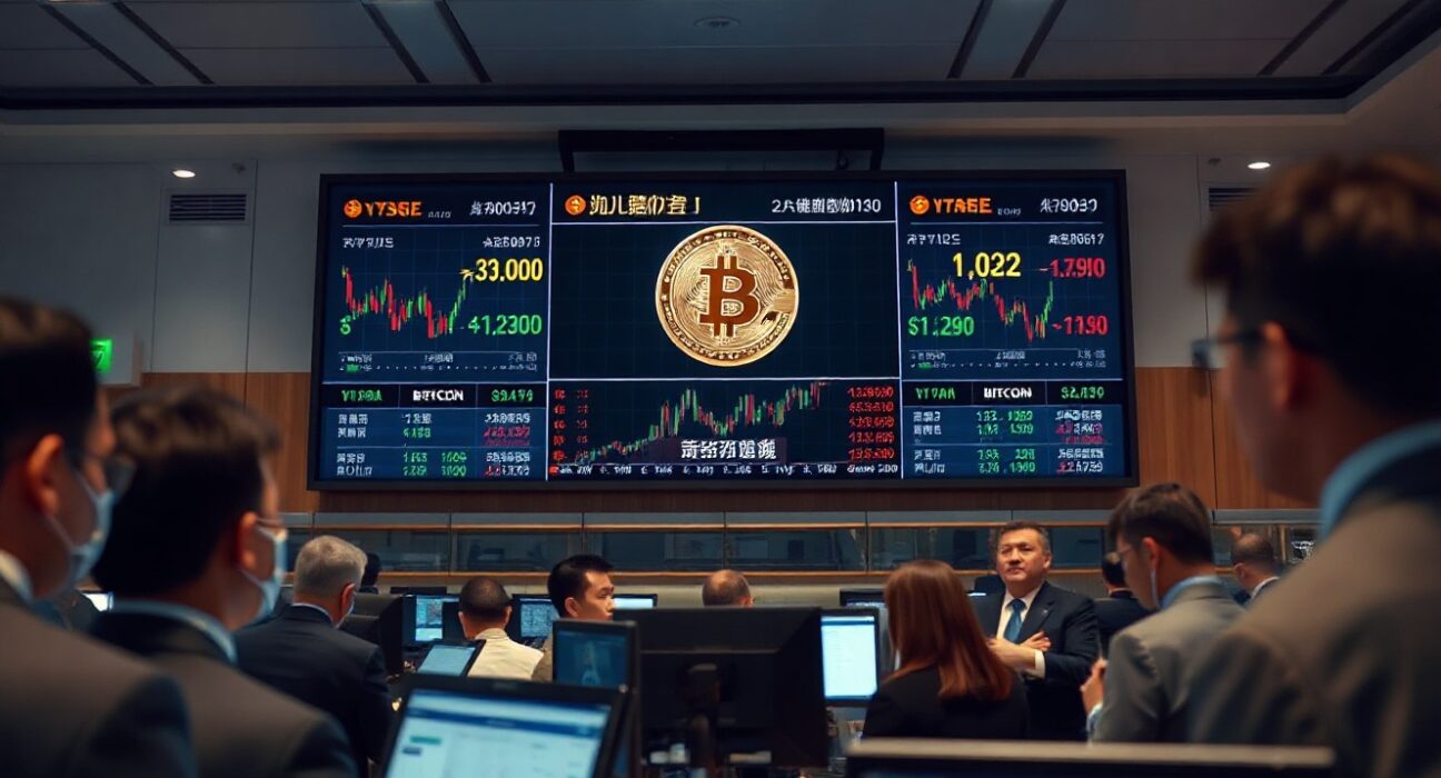 Osaka Exchange trading floor with Bitcoin price charts and futures data on a large digital display.