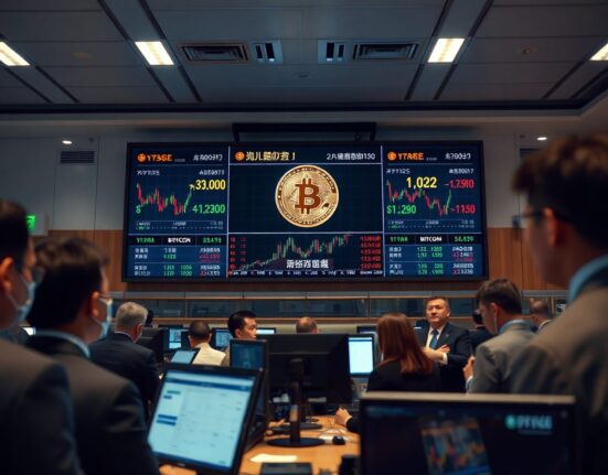 Osaka Exchange trading floor with Bitcoin price charts and futures data on a large digital display.
