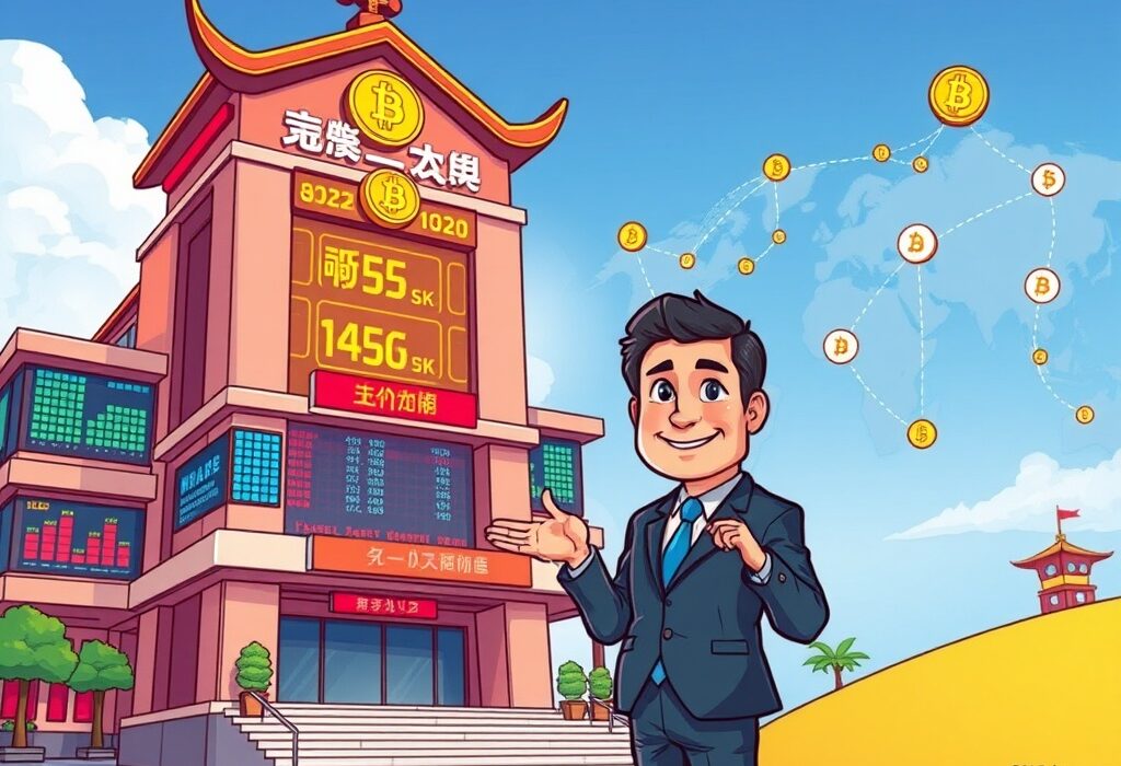 A cartoon illustration showing the Osaka Exchange embracing crypto derivatives and ETFs, symbolizing Japan's institutional integration of digital assets.