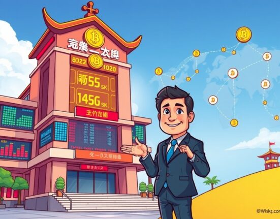 A cartoon illustration showing the Osaka Exchange embracing crypto derivatives and ETFs, symbolizing Japan's institutional integration of digital assets.