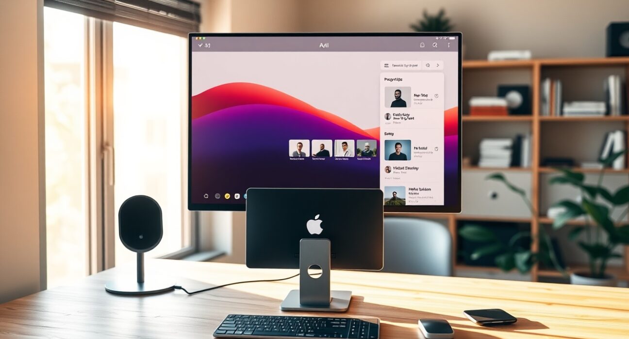 Mac Studio desk setup with AI interface on monitor in a home office
