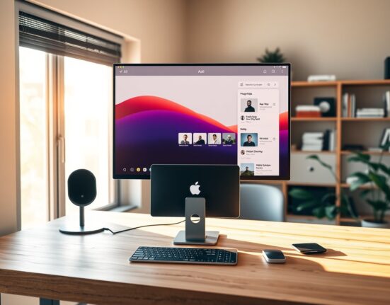 Mac Studio desk setup with AI interface on monitor in a home office