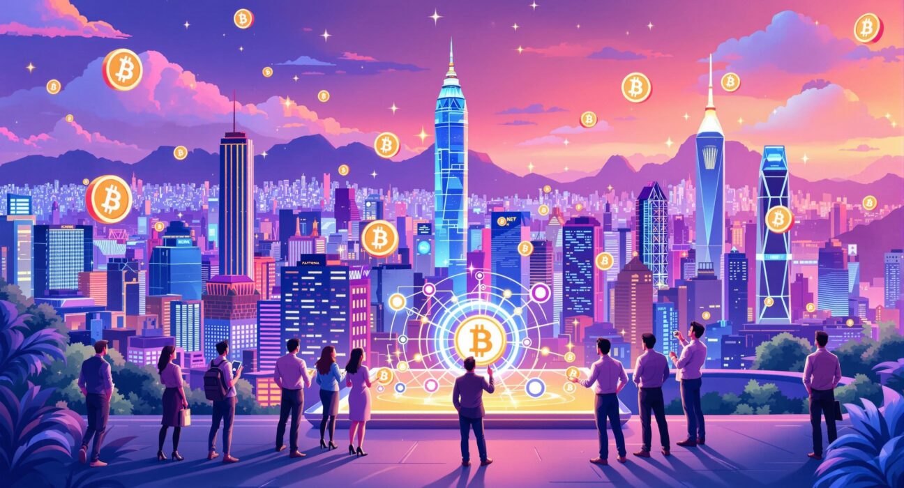 Cartoon illustration showing OSL Group's ambitious expansion into stablecoins and digital payments in a vibrant Hong Kong setting.