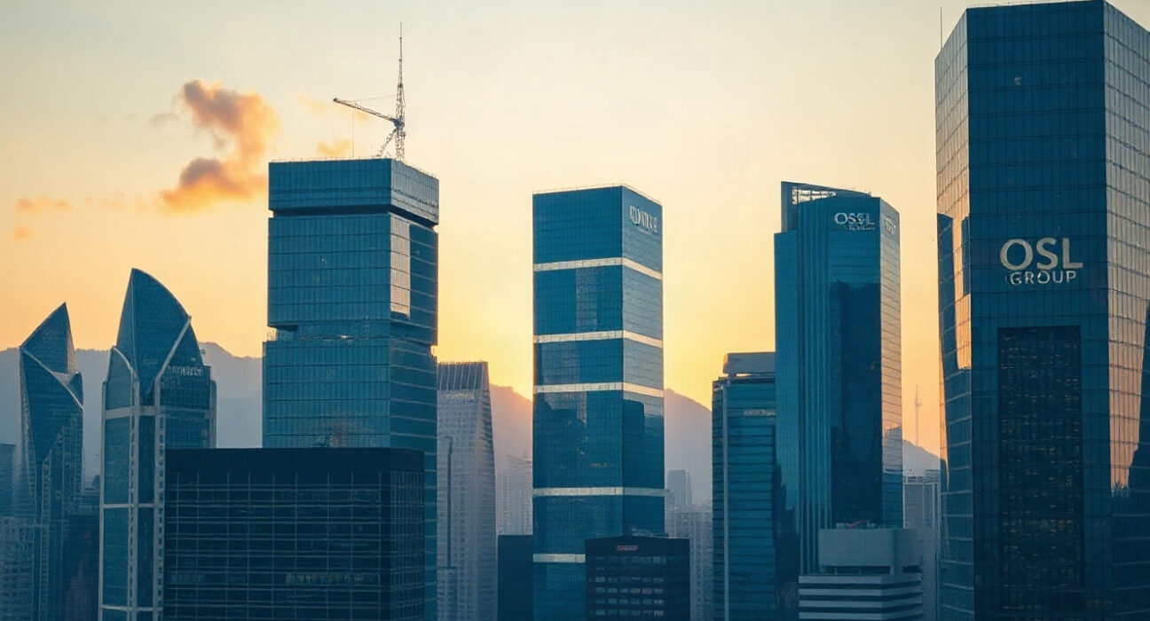 Hong Kong skyline at dusk with financial district illuminated, representing OSL Group's strong first-half performance