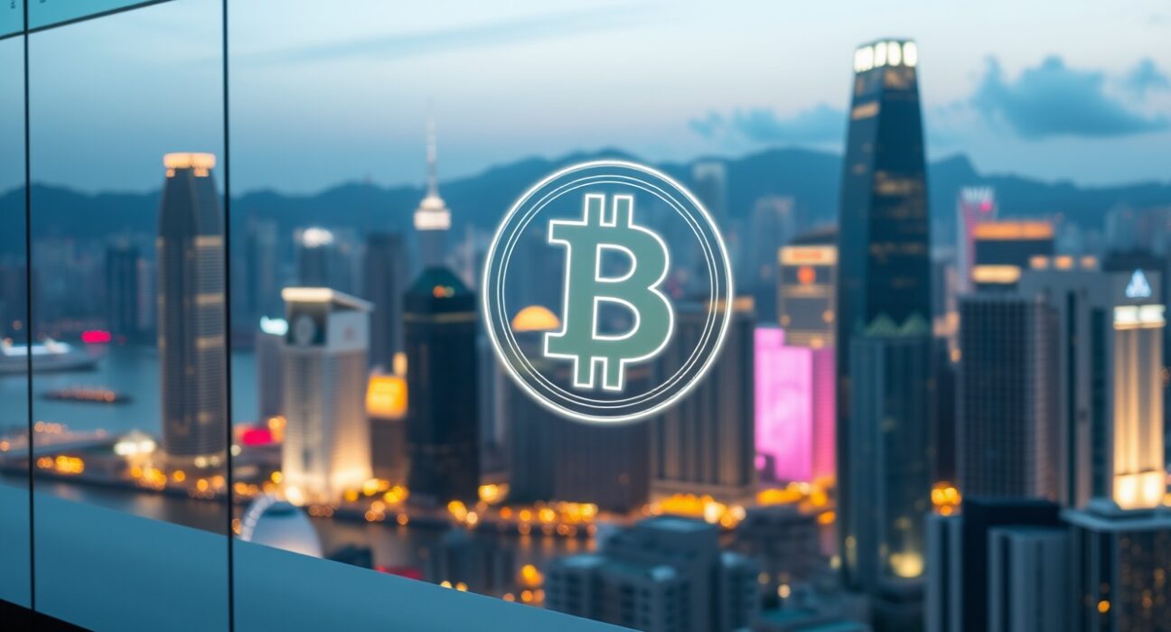Hong Kong skyline at dusk with a digital coin symbol representing USDGO stablecoin growth