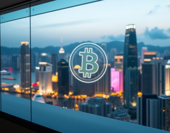 Hong Kong skyline at dusk with a digital coin symbol representing USDGO stablecoin growth