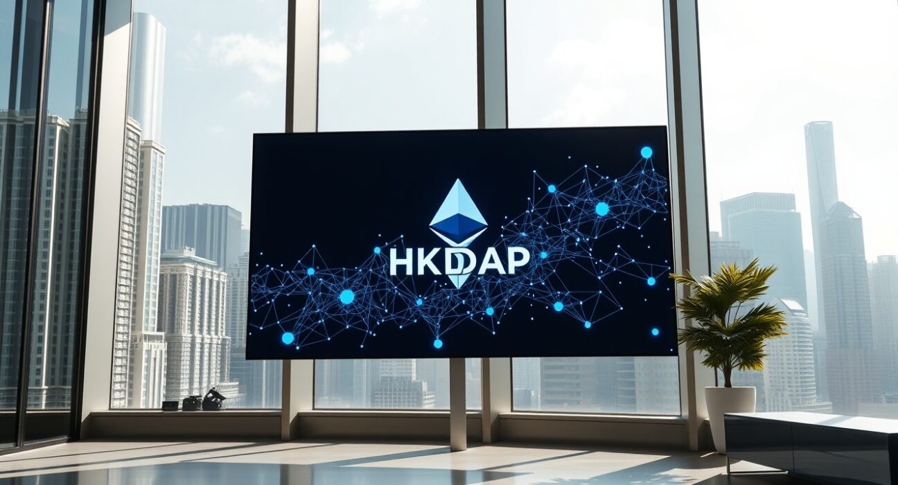 Digital screen displaying HKDAP stablecoin and Ethereum network visualization in a Hong Kong financial office