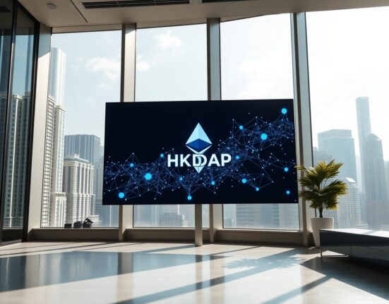 Digital screen displaying HKDAP stablecoin and Ethereum network visualization in a Hong Kong financial office