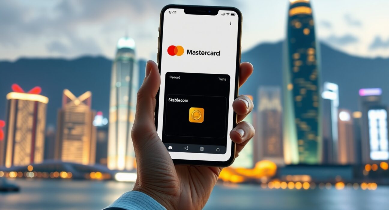 Smartphone displaying a digital wallet with Mastercard and stablecoin icons against a Hong Kong skyline backdrop