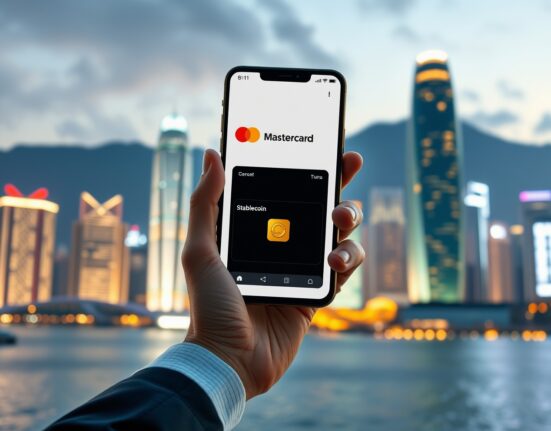 Smartphone displaying a digital wallet with Mastercard and stablecoin icons against a Hong Kong skyline backdrop