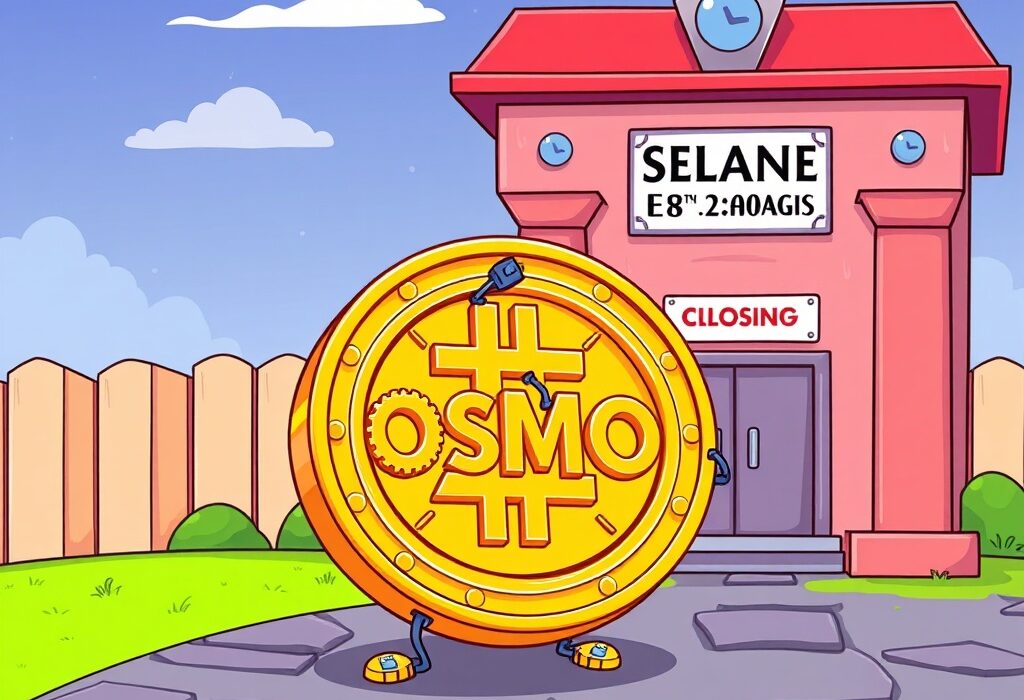 A cartoon showing an OSMO coin being upgraded, symbolizing the crucial OSMO Mainnet Upgrade and a crypto exchange's temporary suspension.