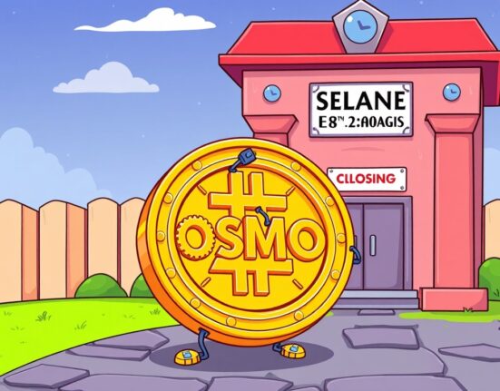 A cartoon showing an OSMO coin being upgraded, symbolizing the crucial OSMO Mainnet Upgrade and a crypto exchange's temporary suspension.