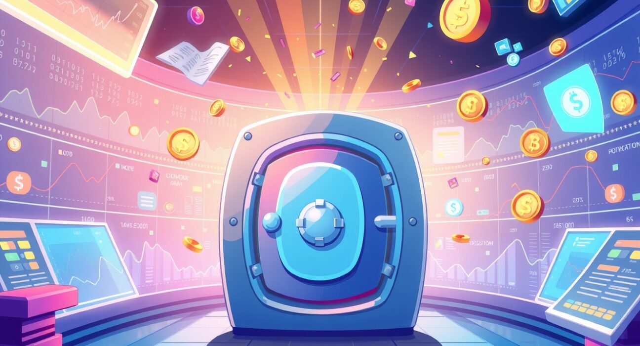 A vibrant cartoon of a successful crypto derivatives platform celebrating a major funding milestone.