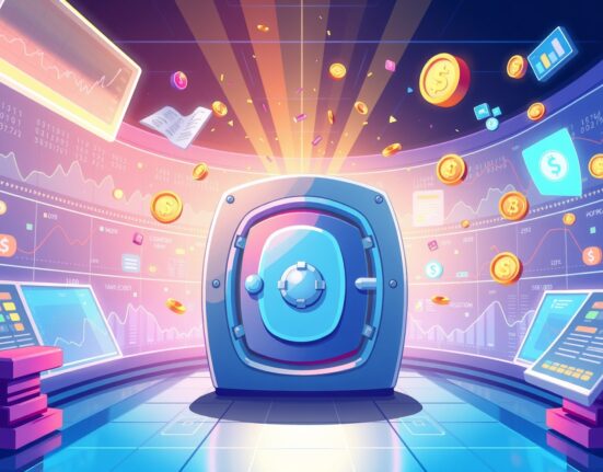 A vibrant cartoon of a successful crypto derivatives platform celebrating a major funding milestone.