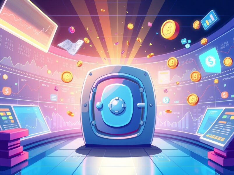 A vibrant cartoon of a successful crypto derivatives platform celebrating a major funding milestone.