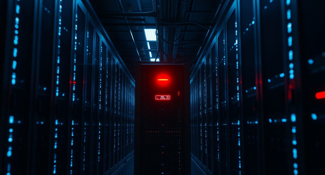 Dimly lit data center server room with a red warning light indicating a security breach, representing the off-chain infrastructure exploit in the Ostium hack.