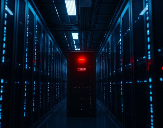 Dimly lit data center server room with a red warning light indicating a security breach, representing the off-chain infrastructure exploit in the Ostium hack.