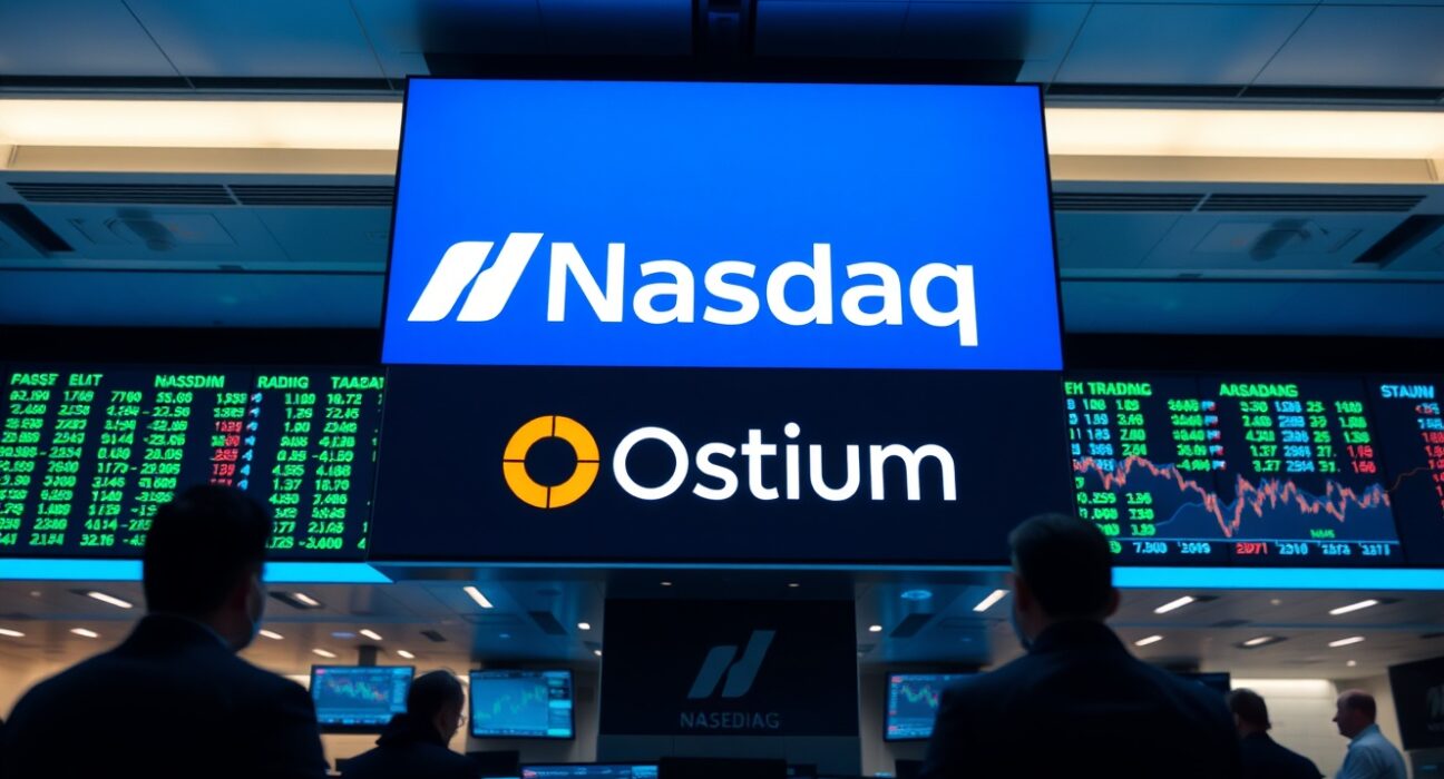 Ostium and Nasdaq partnership visualized on a trading floor screen with stock and crypto charts