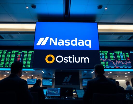 Ostium and Nasdaq partnership visualized on a trading floor screen with stock and crypto charts