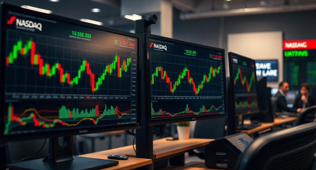 Trading monitors displaying Nasdaq stock data and cryptocurrency charts on a professional trading desk.