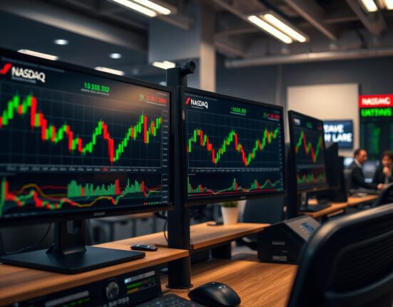 Trading monitors displaying Nasdaq stock data and cryptocurrency charts on a professional trading desk.