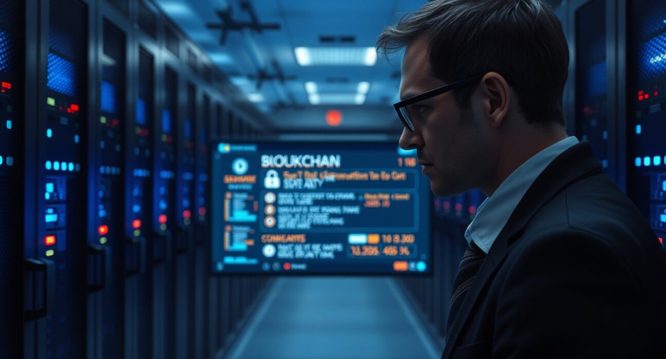 Cybersecurity analyst monitoring blockchain security alerts in a data center after a crypto hack