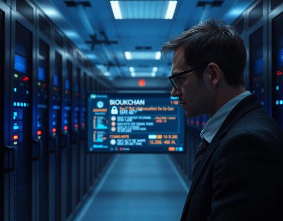 Cybersecurity analyst monitoring blockchain security alerts in a data center after a crypto hack