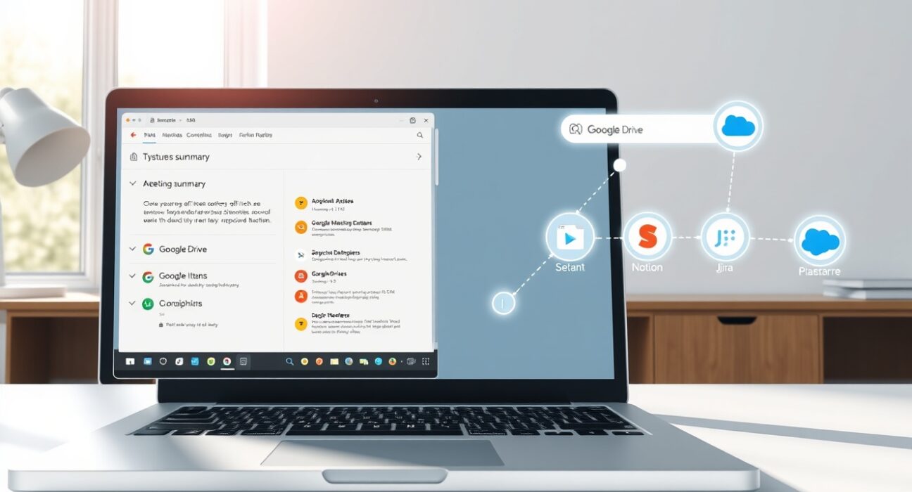 Otter enterprise search interface showing connected Gmail, Notion, Jira, and Salesforce icons for cross-tool querying