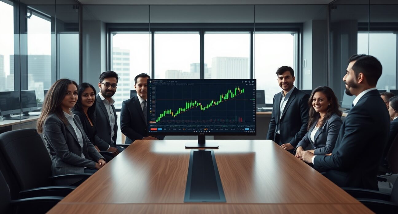 Professionals in a modern trading office discussing cryptocurrency charts on a monitor