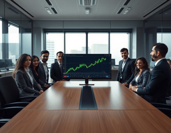 Professionals in a modern trading office discussing cryptocurrency charts on a monitor