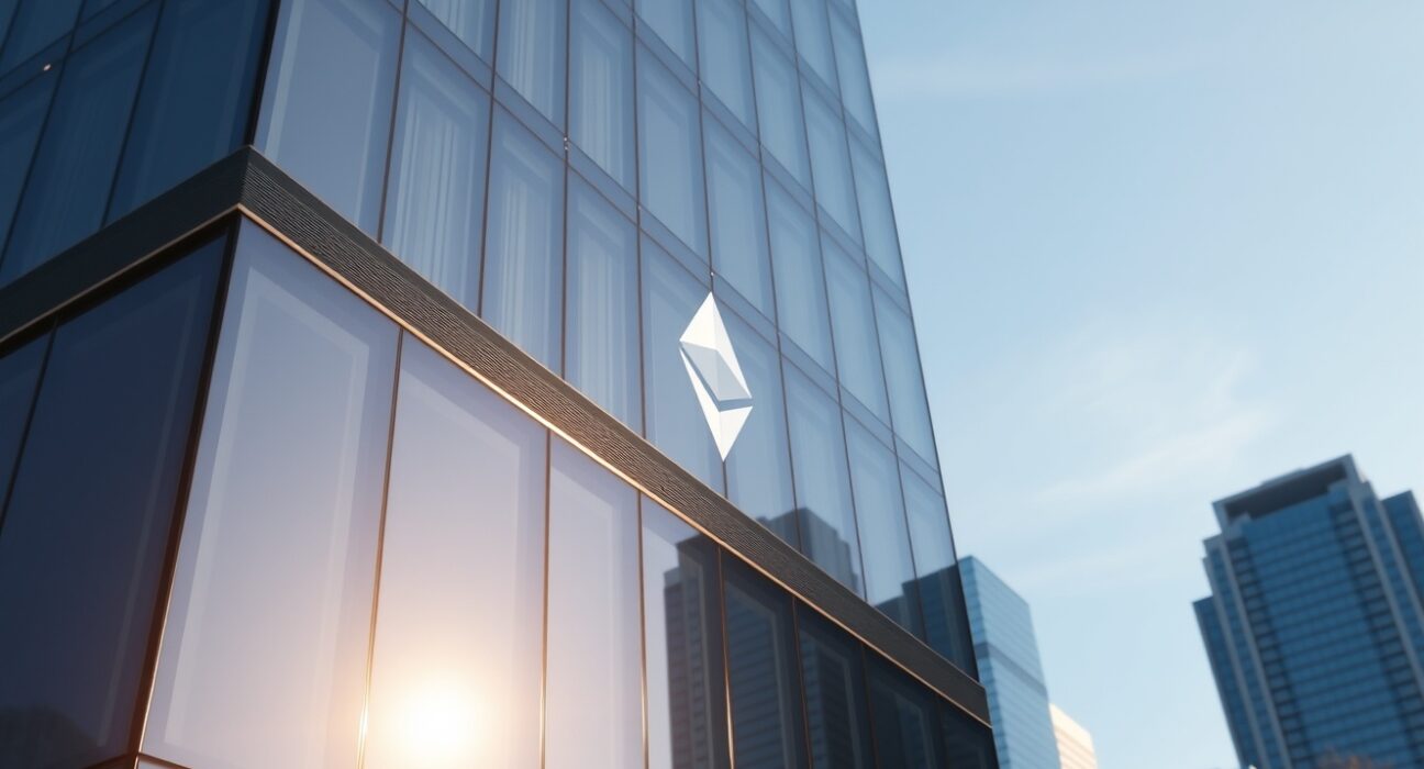 Modern office building with Ethereum symbol reflection representing institutional stablecoin OUSD launch on Ethereum.
