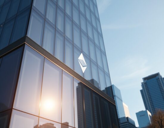 Modern office building with Ethereum symbol reflection representing institutional stablecoin OUSD launch on Ethereum.
