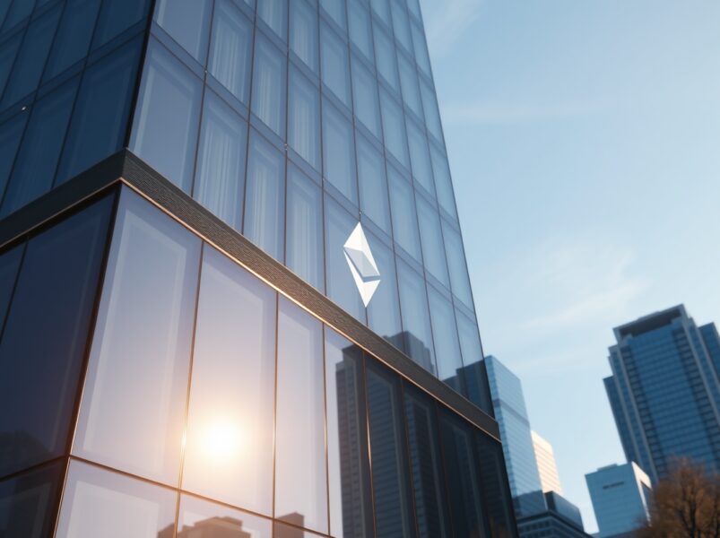 Modern office building with Ethereum symbol reflection representing institutional stablecoin OUSD launch on Ethereum.