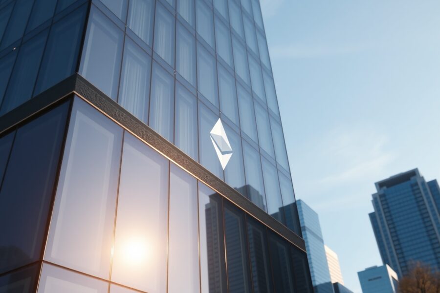Modern office building with Ethereum symbol reflection representing institutional stablecoin OUSD launch on Ethereum.