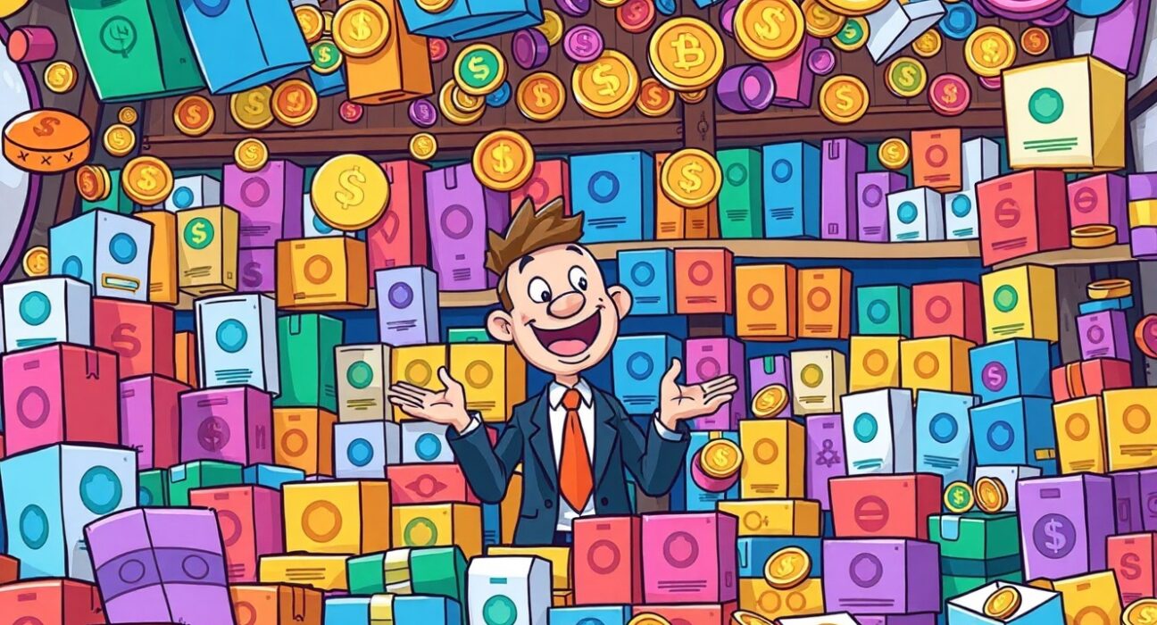 Cartoon illustration predicting explosive growth and diversity of crypto ETPs as investment products.