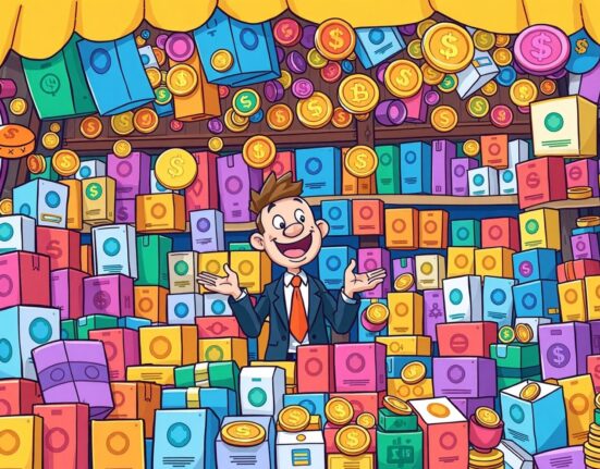 Cartoon illustration predicting explosive growth and diversity of crypto ETPs as investment products.