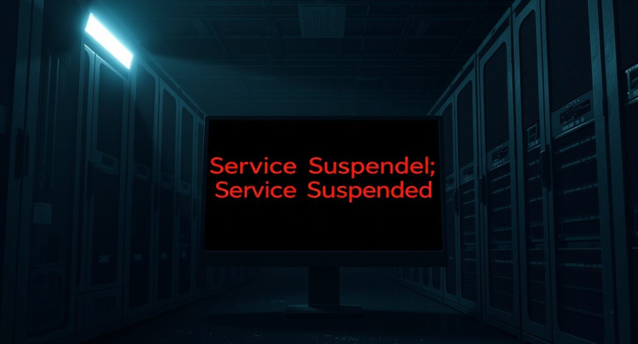 Over Protocol shutdown announcement on a monitor in a dark server room, symbolizing the service halt and financial trouble.