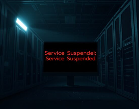 Over Protocol shutdown announcement on a monitor in a dark server room, symbolizing the service halt and financial trouble.