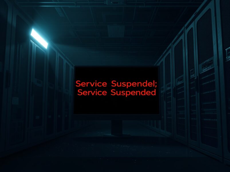 Over Protocol shutdown announcement on a monitor in a dark server room, symbolizing the service halt and financial trouble.