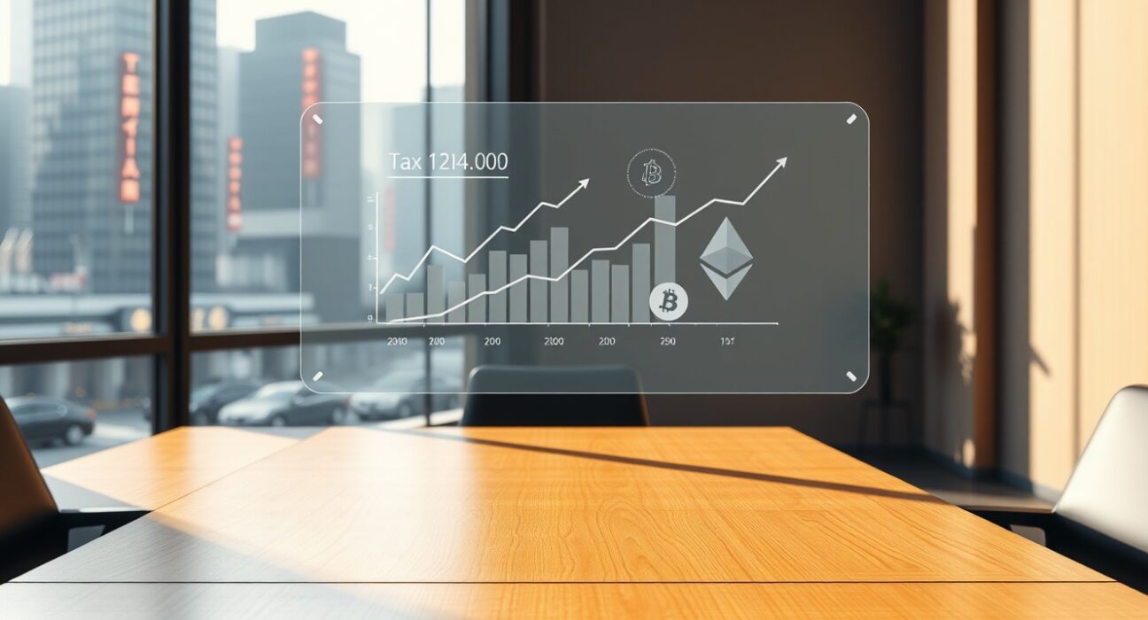 Digital interface showing crypto tax calculation graphs in a modern Tokyo office setting