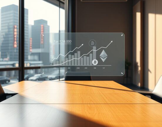 Digital interface showing crypto tax calculation graphs in a modern Tokyo office setting
