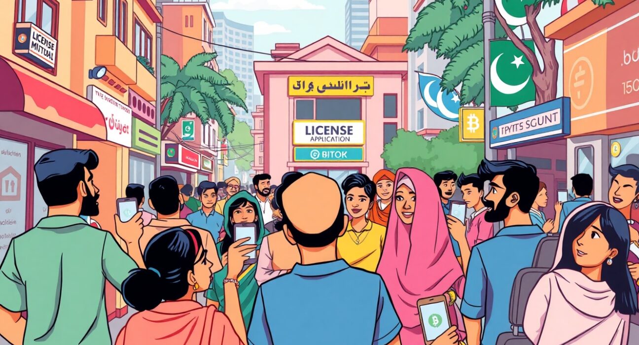A cartoon illustrating the exciting opportunity of Pakistan crypto licenses for local firms and millions of new users.