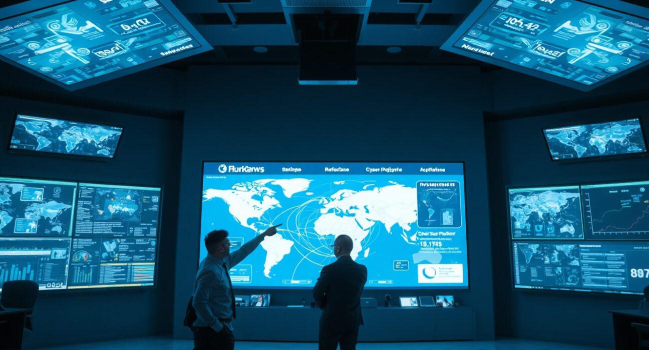 Interior of a high-tech command center in Pakistan monitoring cryptocurrency transactions and cyber threats.