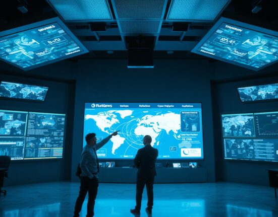 Interior of a high-tech command center in Pakistan monitoring cryptocurrency transactions and cyber threats.