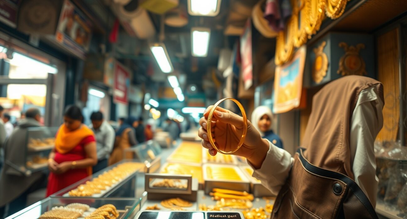 Pakistani goldsmith weighing gold jewelry in a market shop.